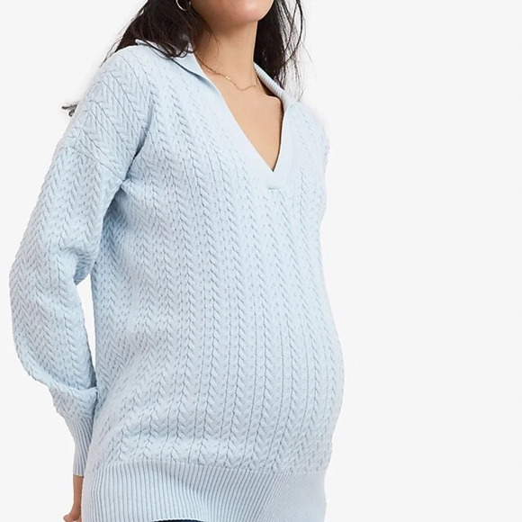 New HATCH Collection The Luna Polo Cable Knit Sweater Frost Blue NWT Maternity M - Picture 1 of 13